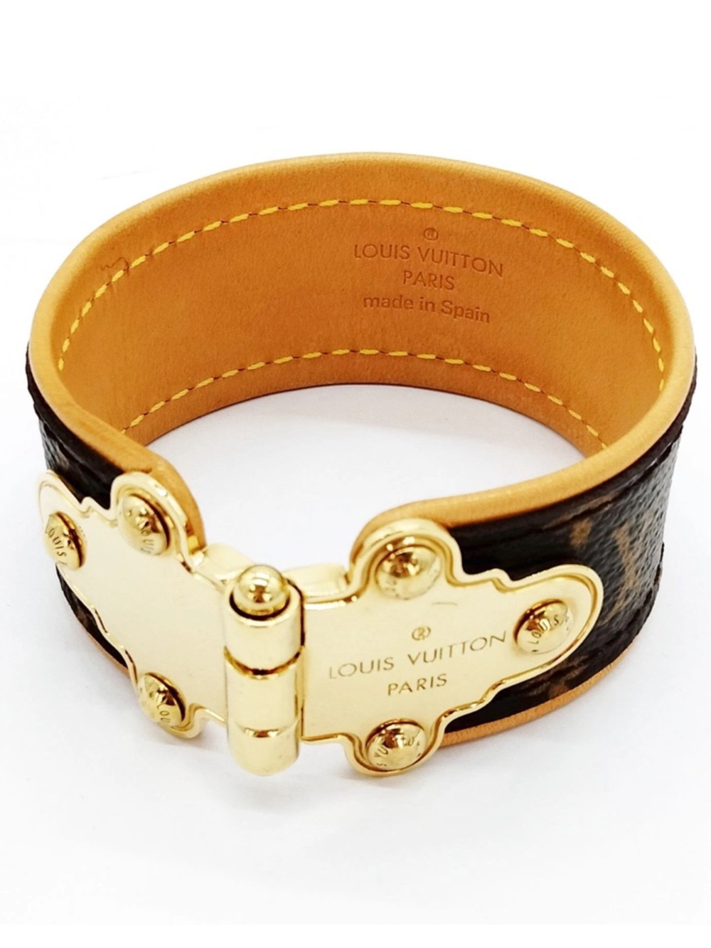 LOUIS VUITTON Monogram Leather Wide Cuff Statement Bracelet Gold Hardware